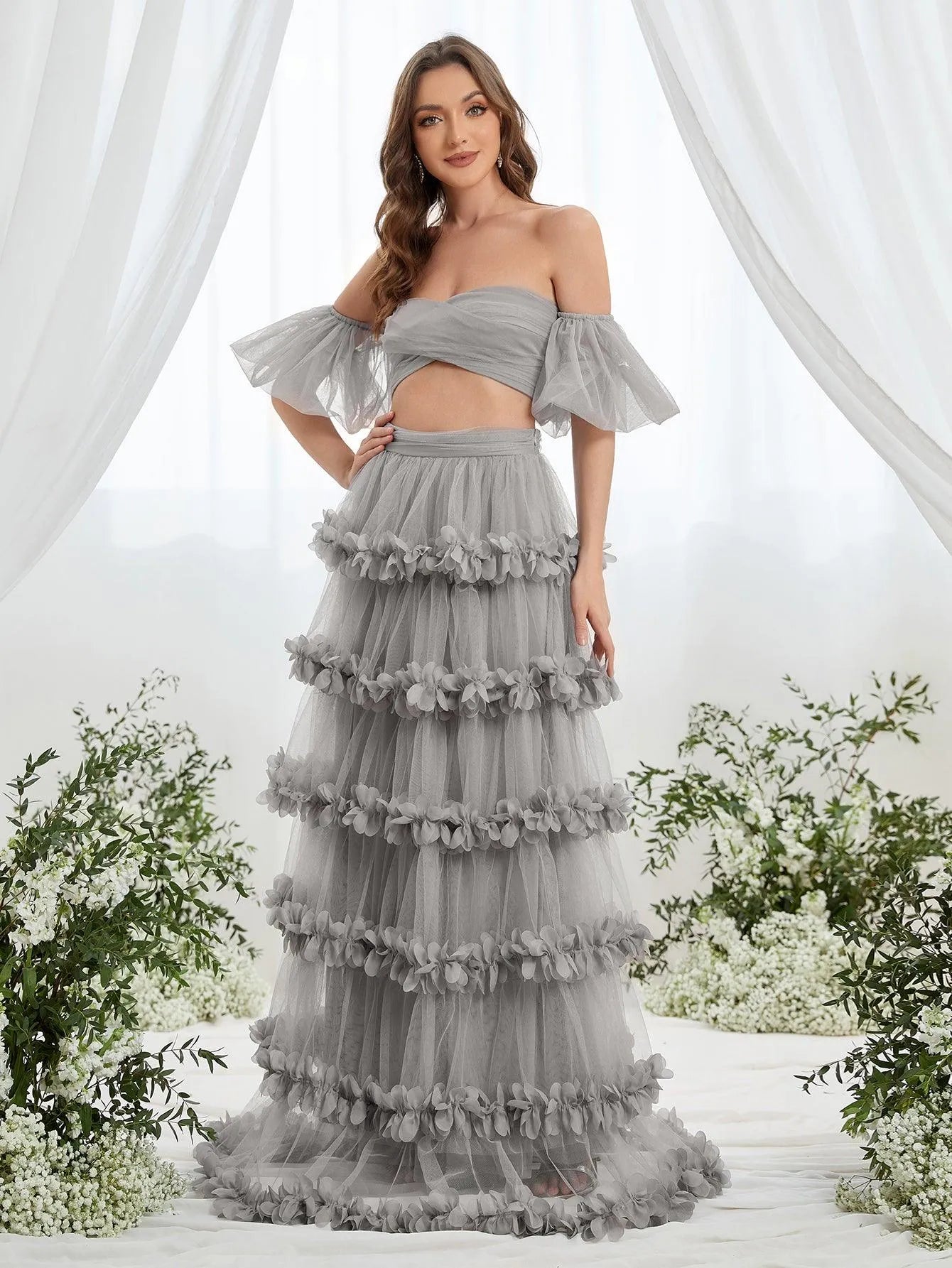 Off Shoulder Puff Sleeve Crop Top & Frill Trim Mesh Skirt - Elonnashop