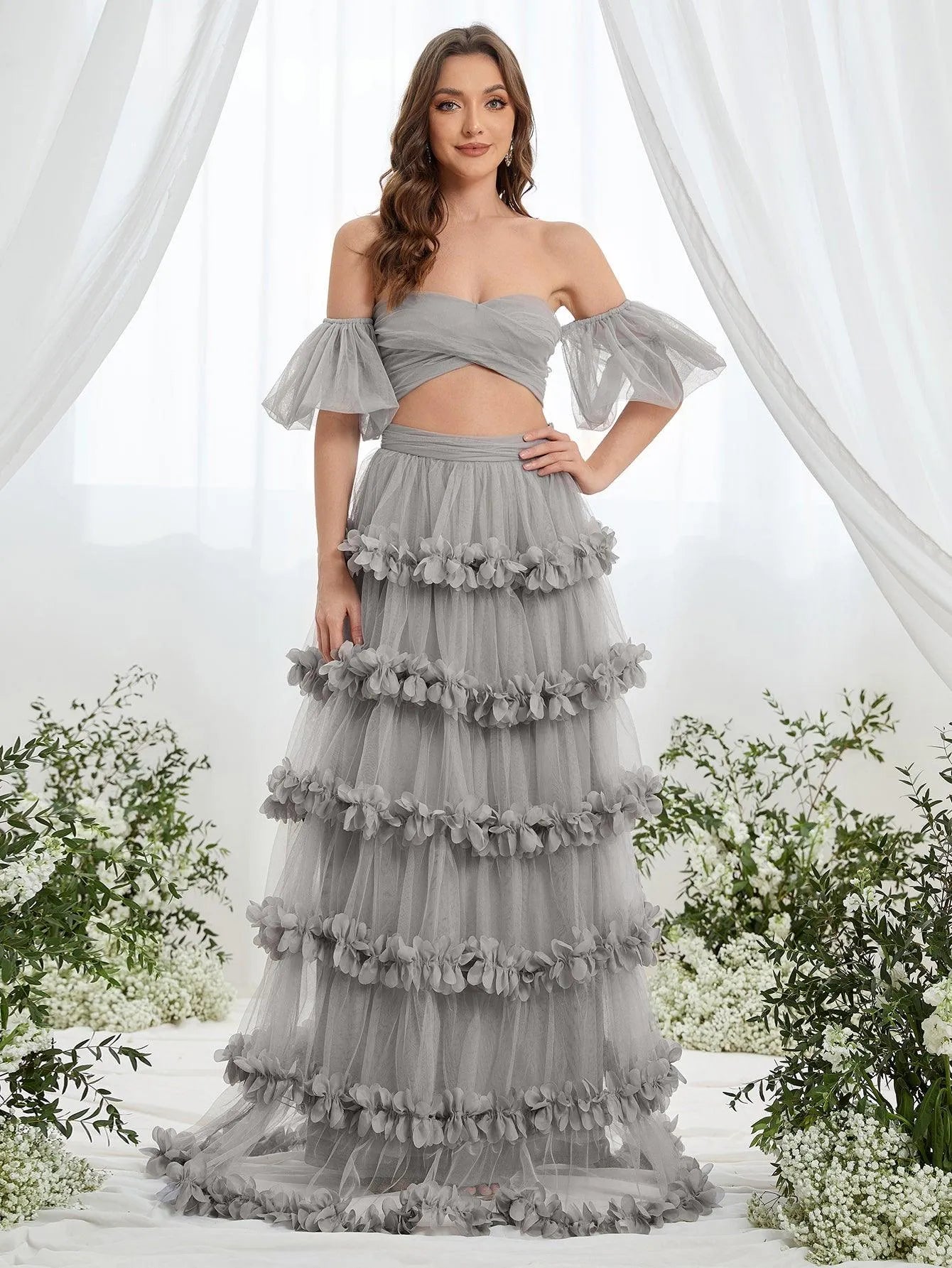 Off Shoulder Puff Sleeve Crop Top & Frill Trim Mesh Skirt - Elonnashop