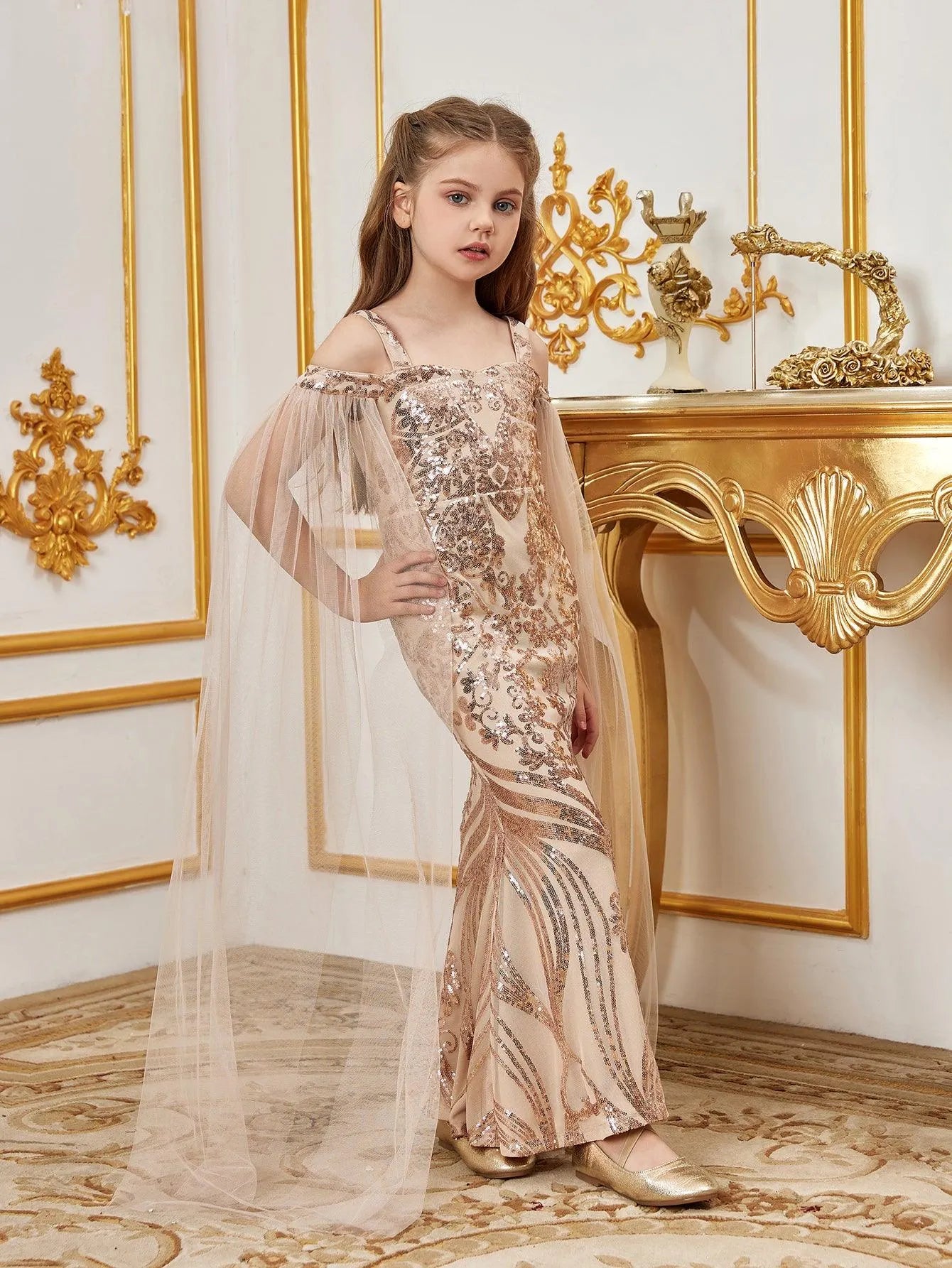 Tween Girls' Off Shoulder Cloak Sleeves Graphic Sequin Mermaid Dress - Elonnashop