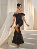 Elegant Off Shoulder Rhinestone Detail Bodice Contrast Split Mermaid Hem Evening Dress