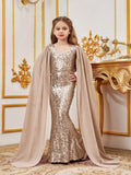 Tween Girls' V Neck Cloak Sleeves Sequin Mermaid Party Dress