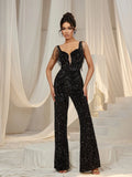 Elegant Sweetheart Neck Fringed Detail Sequin Party Jumpsuit