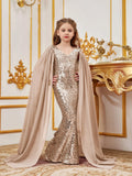 Tween Girls' V Neck Cloak Sleeves Sequin Mermaid Party Dress