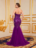 Elegant Mesh Insert Mermaid Hem Sequin Tube Evening Dress