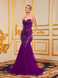 Elegant Mesh Insert Mermaid Hem Sequin Tube Evening Dress