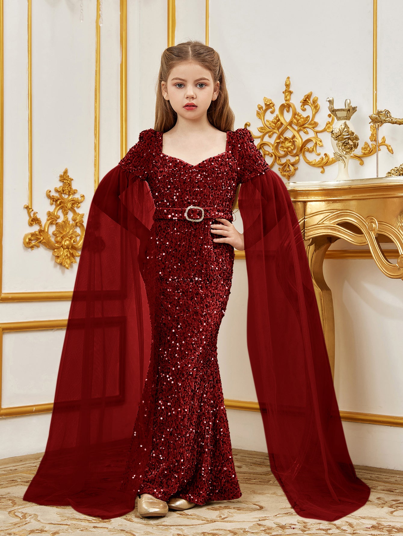 Tween Girls' SSweetheart Neck Cloak Sleeves Sequin Belted Party Dress