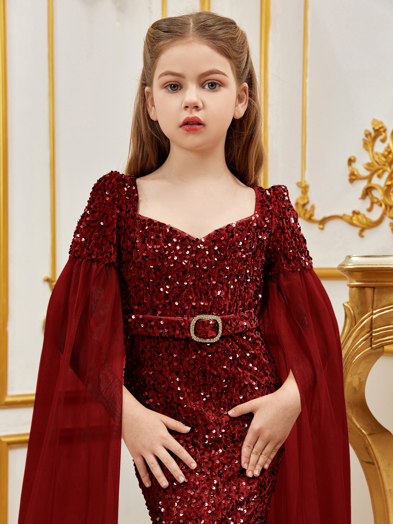 Tween Girls' SSweetheart Neck Cloak Sleeves Sequin Belted Party Dress