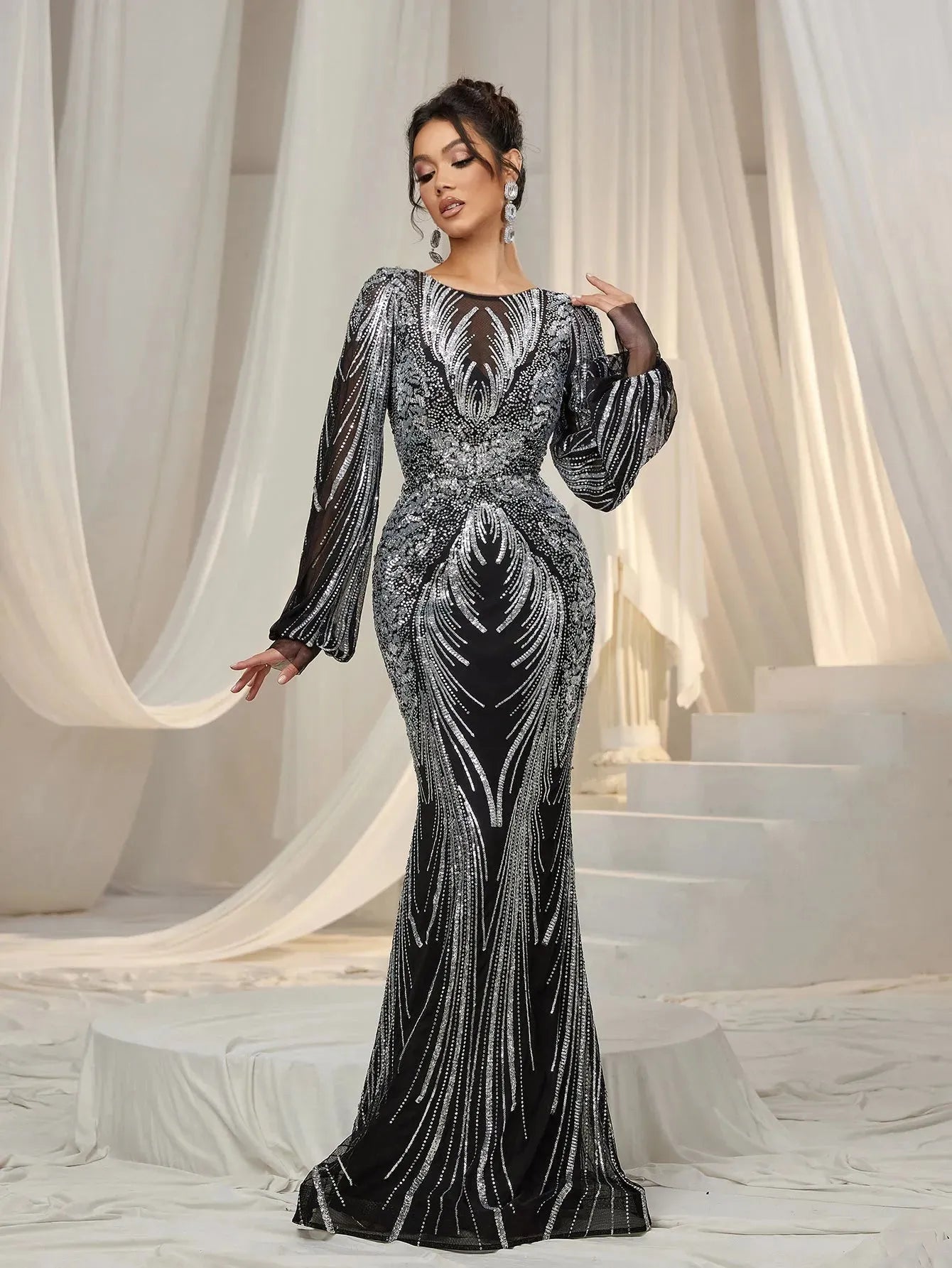 sequin lantern sleeve dress Lantern Sleeve V-neck Sequin Cocktail Dress RJ10566