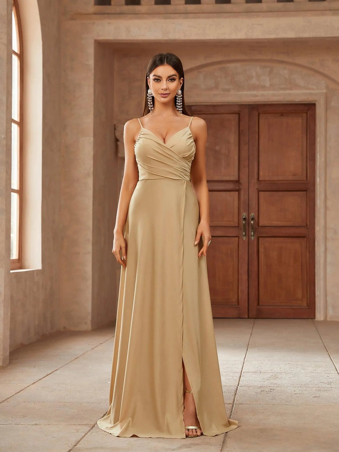 Solid V Neck Split Thigh Cami Bridesmaid Dress - Elonnashop