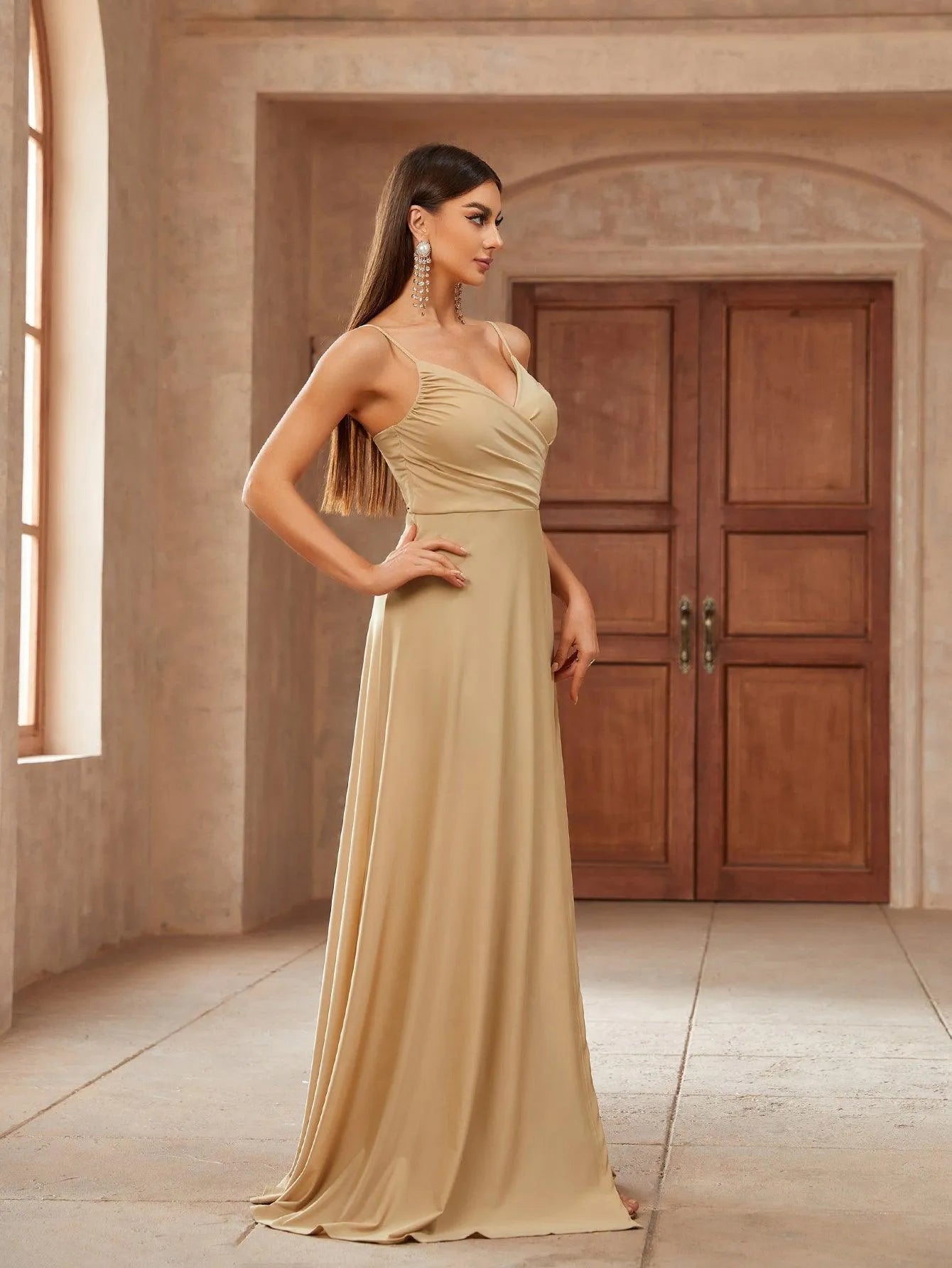 Solid V Neck Split Thigh Cami Bridesmaid Dress - Elonnashop