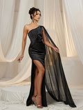 Elegant Rhinestone Detail One Shoulder Draped Side Slit Satin Dress