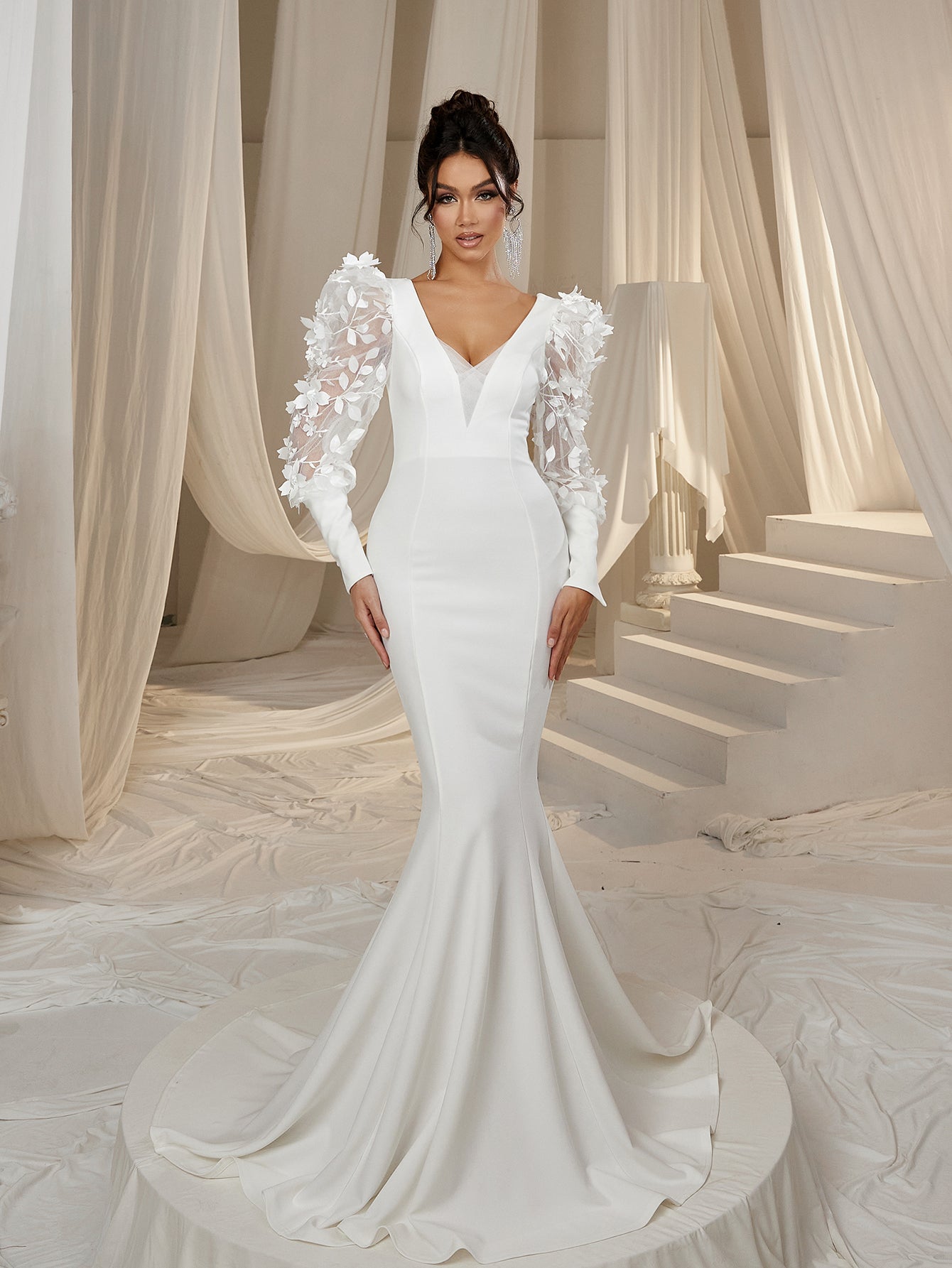 Elegant Plunging Neck Backless Applique Bishop Sleeves Mermaid Hem Ev Elonnashop Elegant Plunging Neck Backless Applique Bishop Sleeves Mermaid Hem Ev Elonnashop