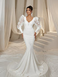 Elegant Backless Applique Bishop Sleeves Mermaid Hem Evening Dress Wedding Dress