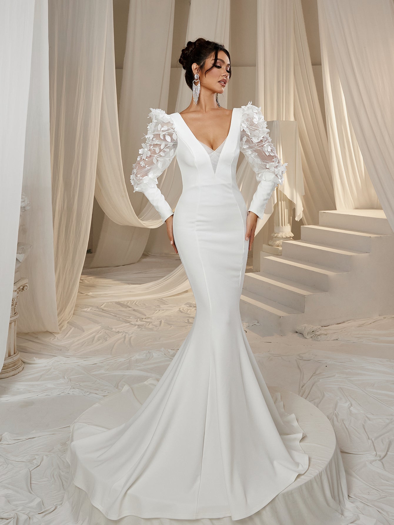 Elegant Backless Applique Bishop Sleeves Mermaid Hem Evening Dress Wedding Dress