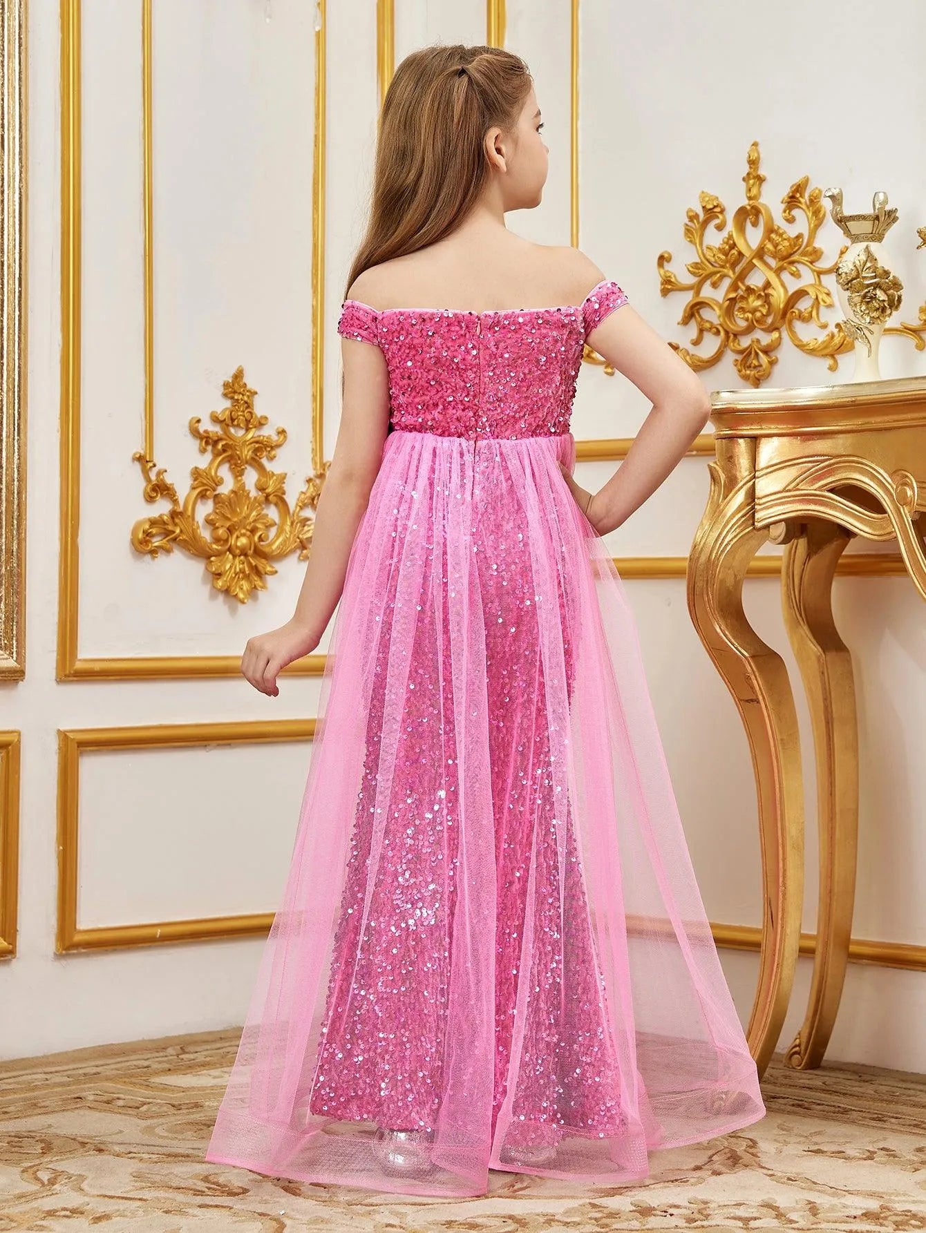 Tween Girls' Off Shoulder Mesh Overlay Sequined Prom Dress – Elonnashop