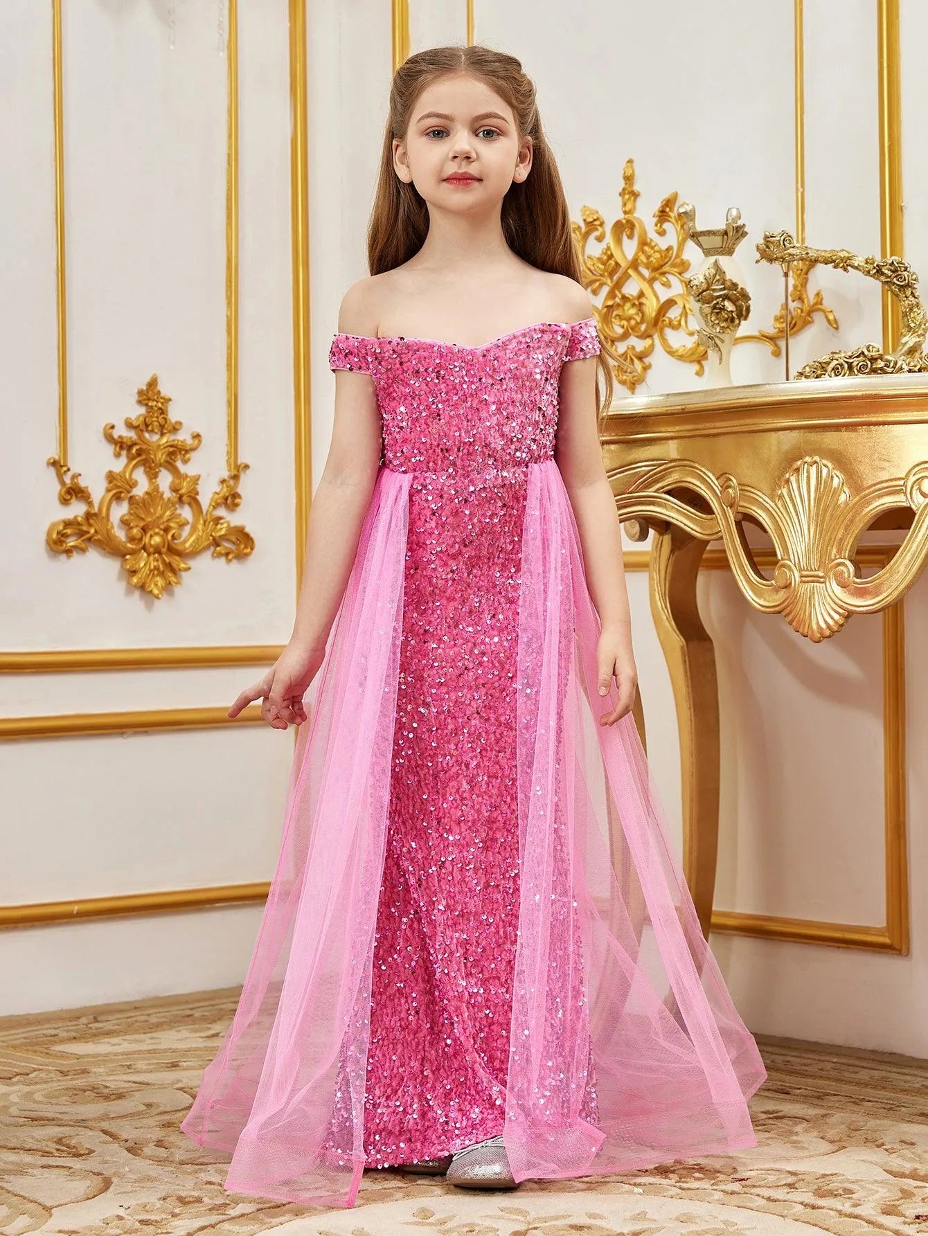 Tween Prom Tween Girls' Off Shoulder Mesh Overlay Sequined Prom Dress – Elonnashop
