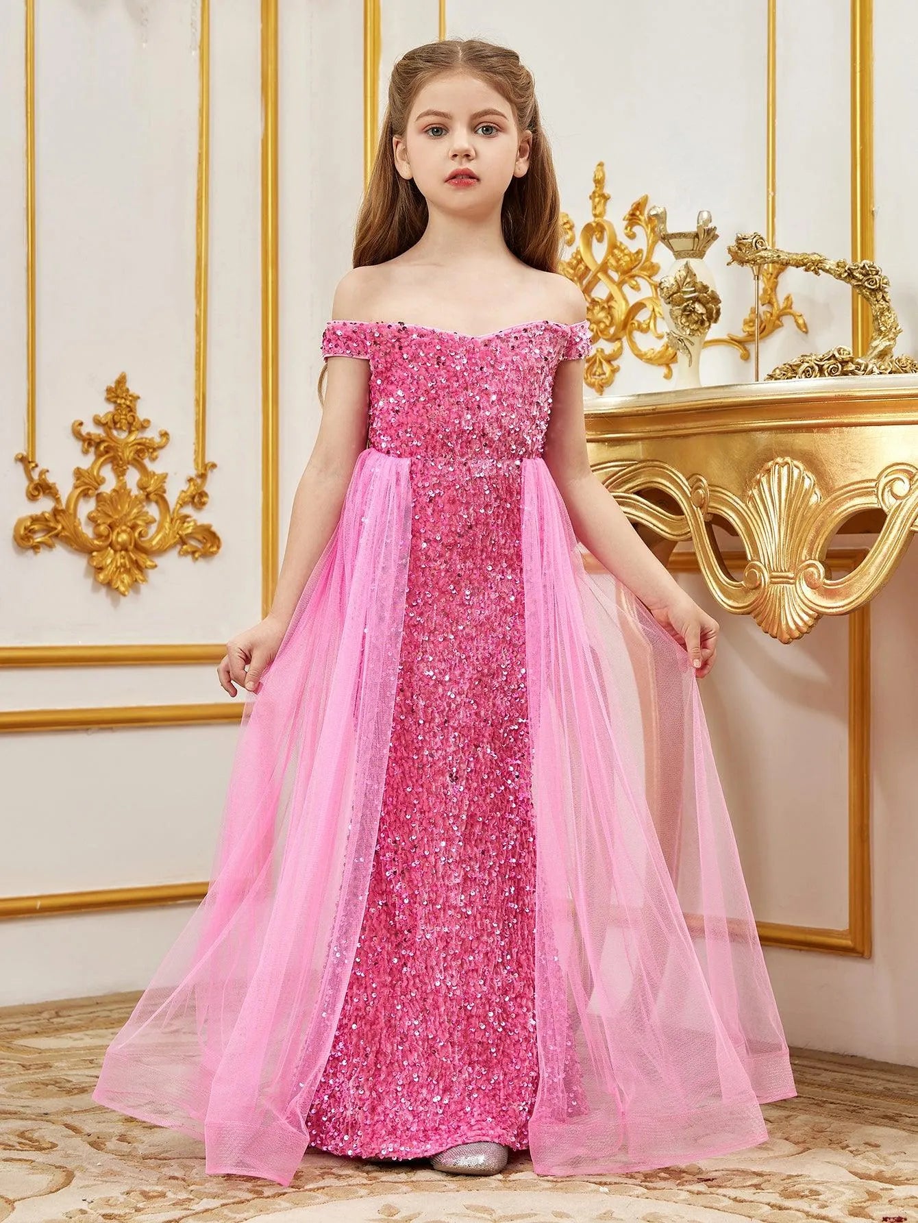Tween Prom Tween Girls' Off Shoulder Mesh Overlay Sequined Prom Dress – Elonnashop