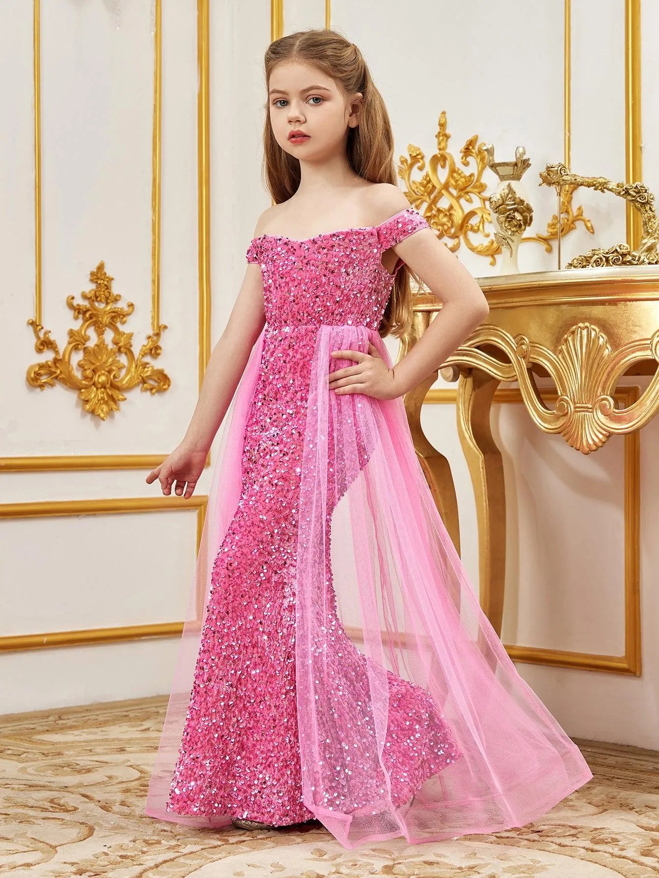 Tween Prom Tween Girls' Off Shoulder Mesh Overlay Sequined Prom Dress – Elonnashop