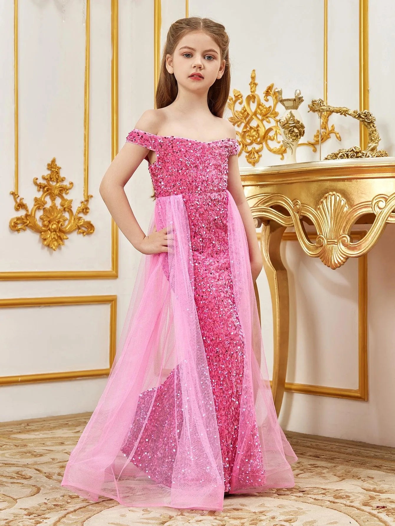 Tween Prom Tween Girls' Off Shoulder Mesh Overlay Sequined Prom Dress – Elonnashop