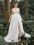 Gorgeous Strapless Lace Bodice Cascading Ruffle Hem Wedding Dress - Elonnashop