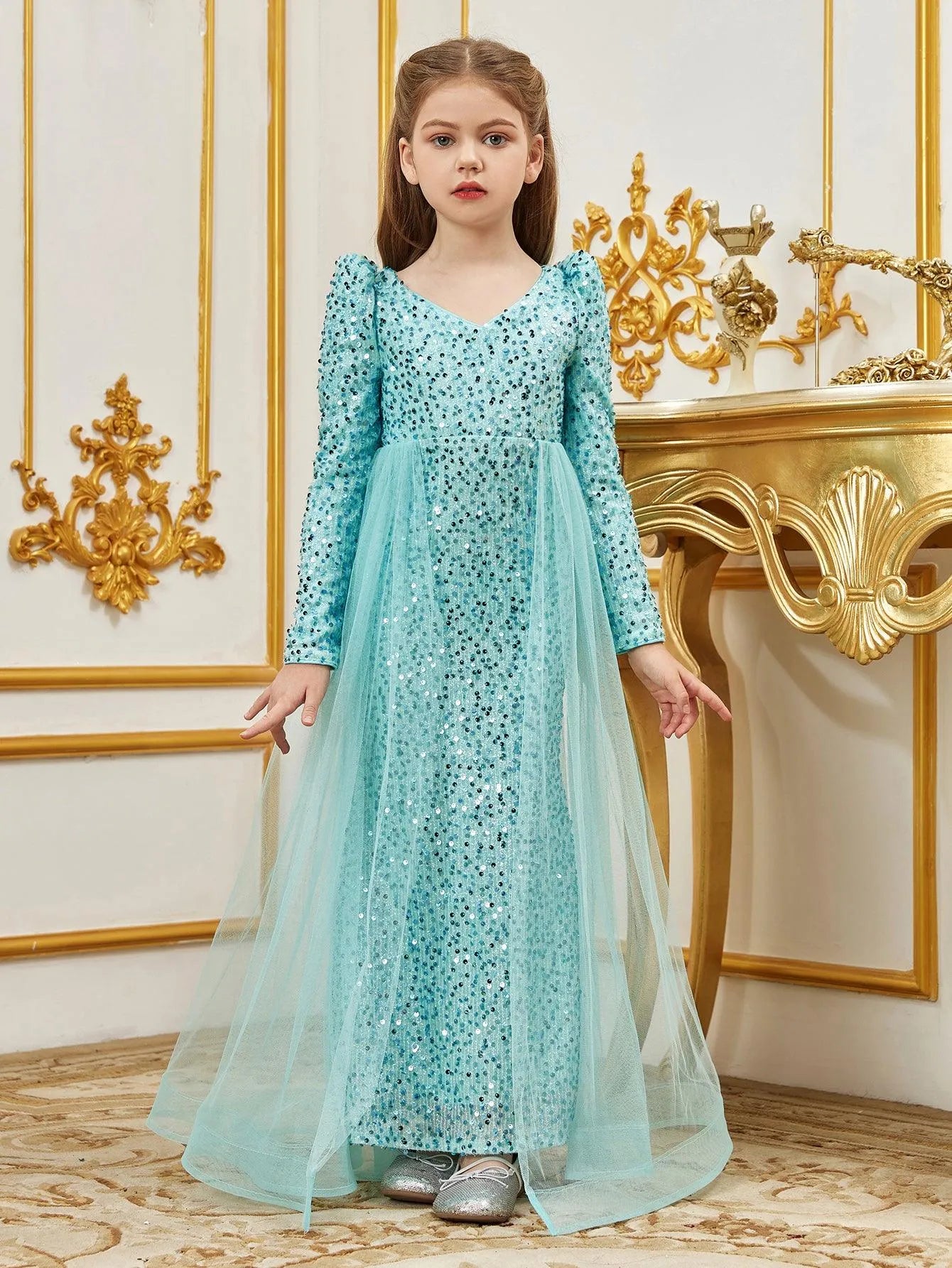 Tween Girls' Long Sleeves Mesh Overlay Sequin Mermaid Dress - Elonnashop