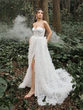 Gorgeous Strapless Lace Bodice Cascading Ruffle Hem Wedding Dress - Elonnashop