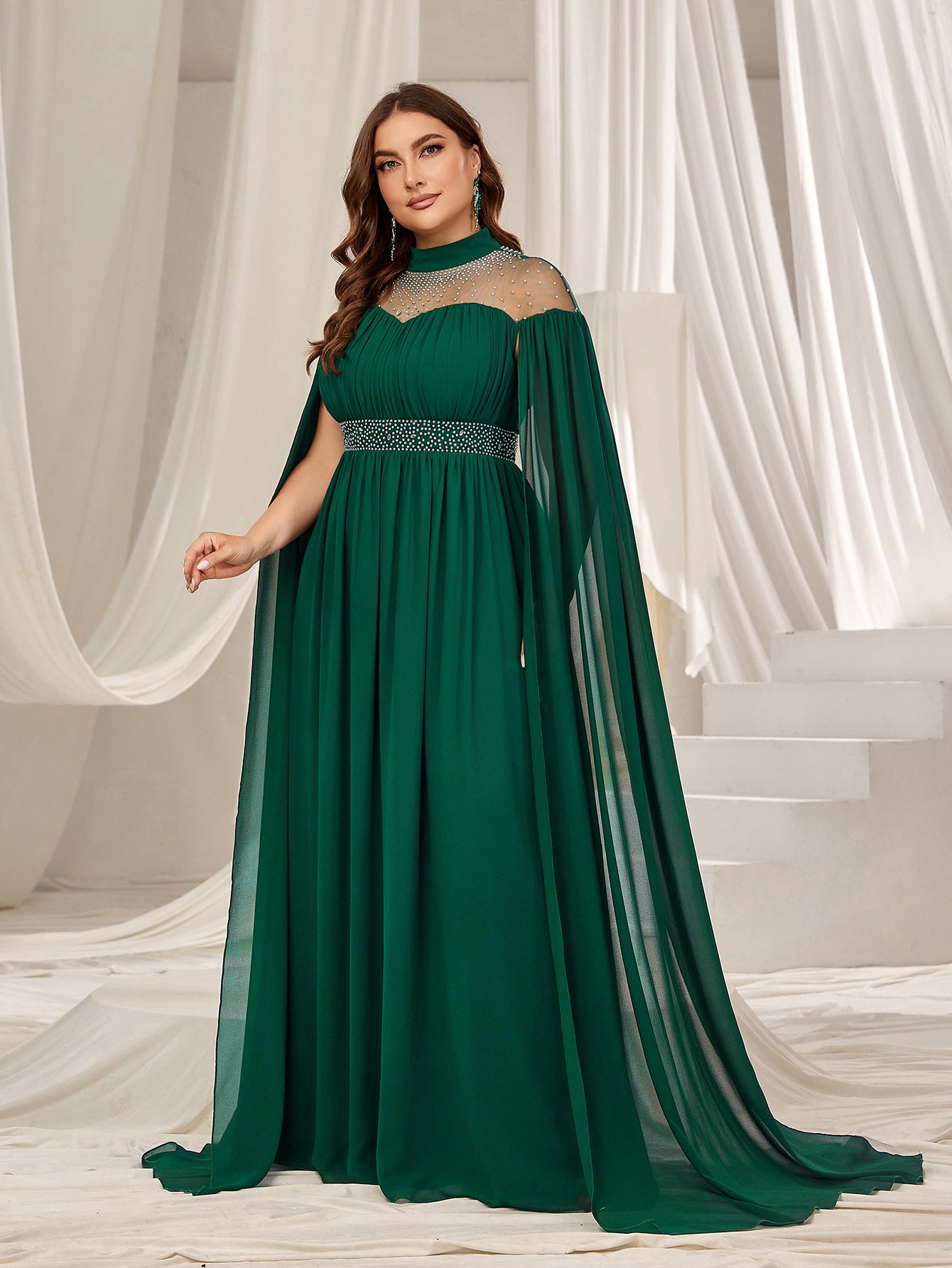 Plus Dramatic Cape Evening Dress | High Neck Chiffon with Rhinestone Details
