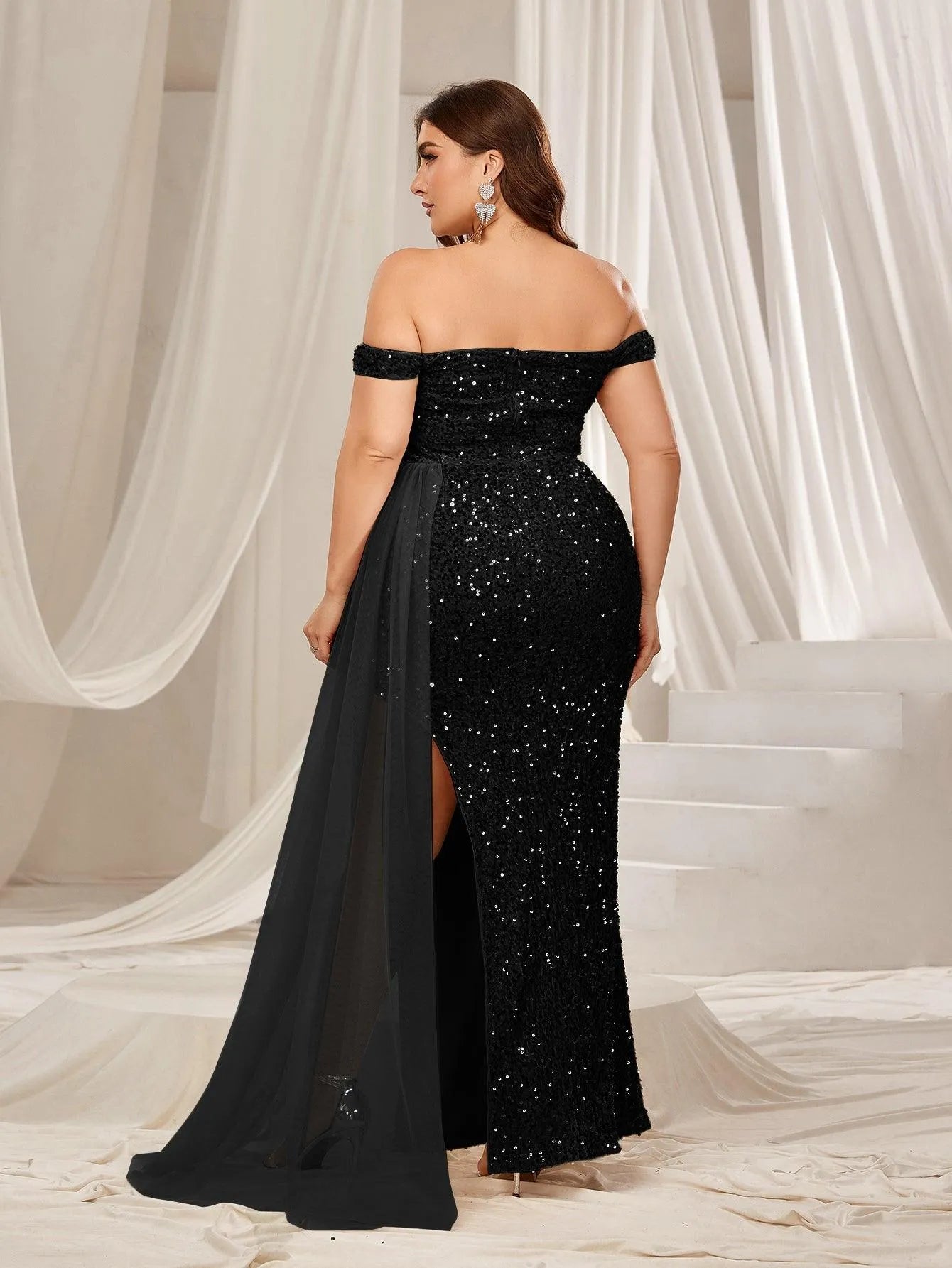 Plus Off Shoulder Split Thigh Sequin Formal Party Dress - Elonnashop