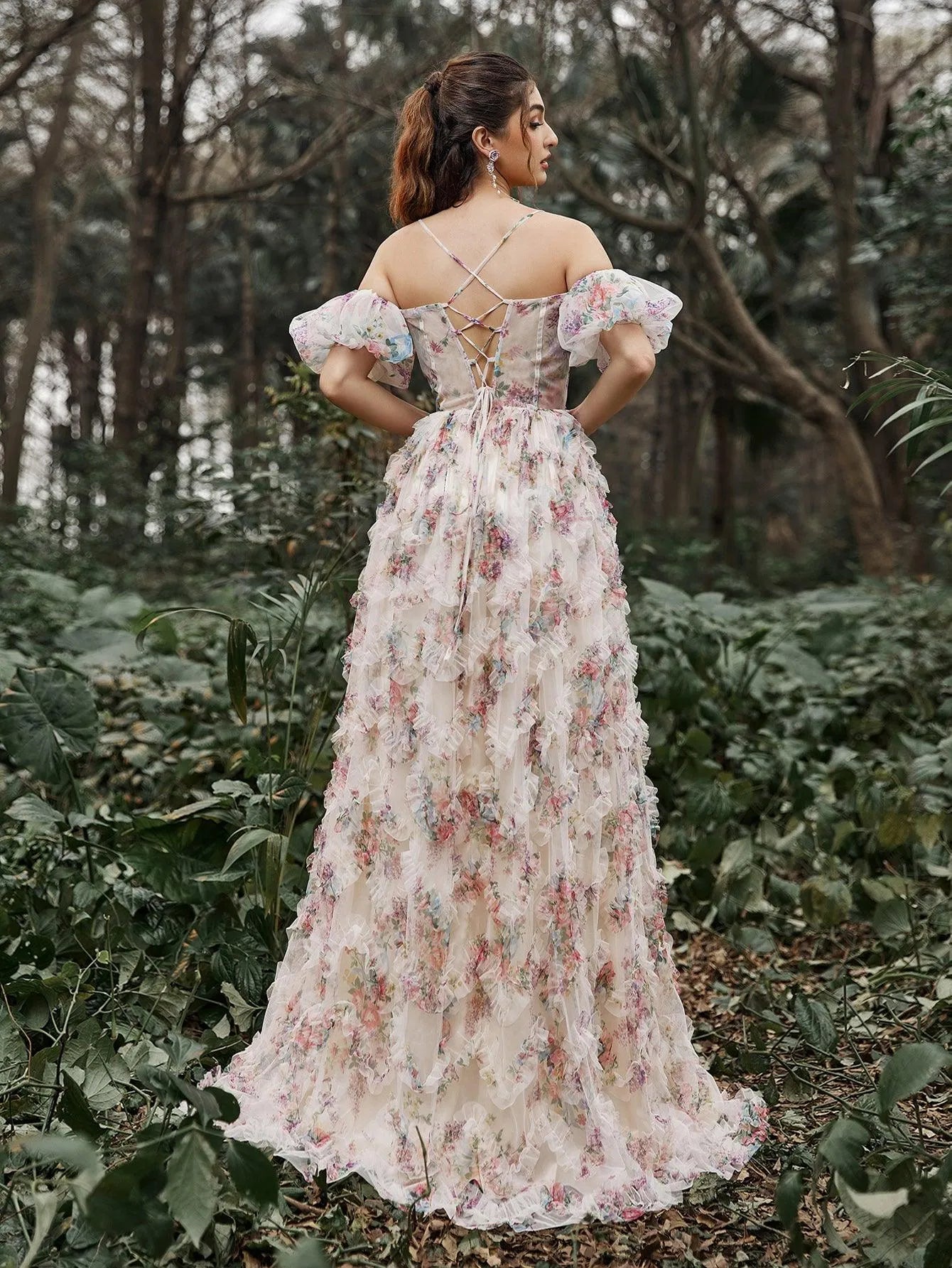 Floral Tulle Off Shoulder Puff Sleeves Slip Prom Dress - Elonnashop