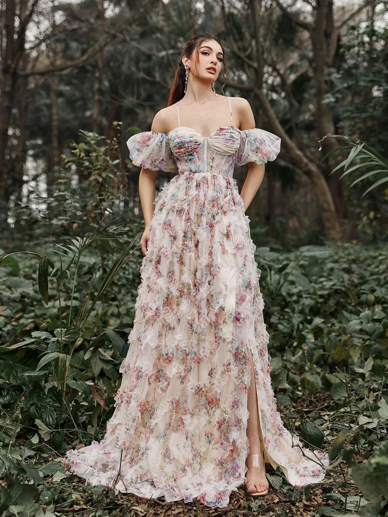 Floral Tulle Off Shoulder Puff Sleeves Slip Prom Dress - Elonnashop