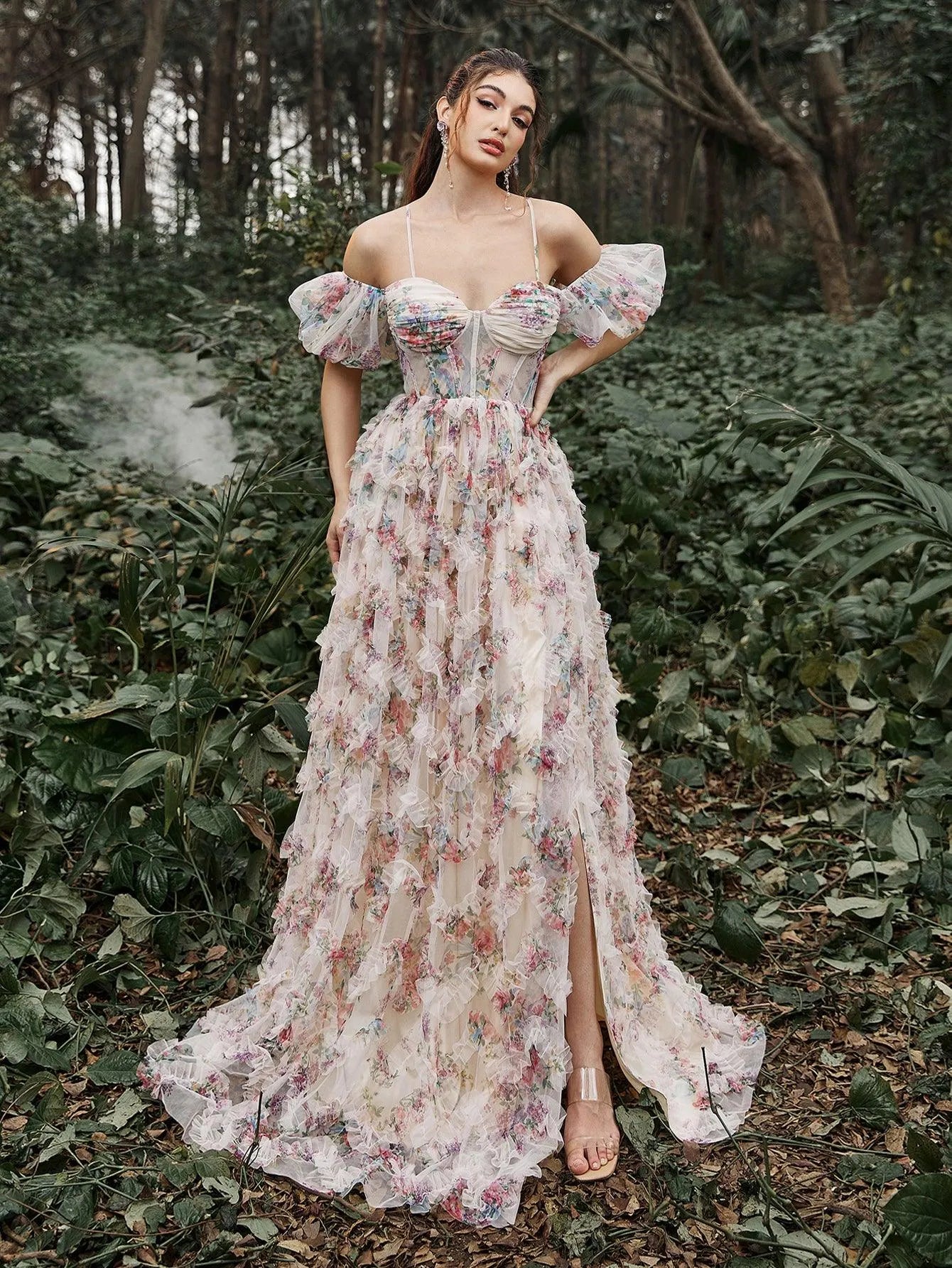 Floral Tulle Off Shoulder Puff Sleeves Slip Prom Dress - Elonnashop