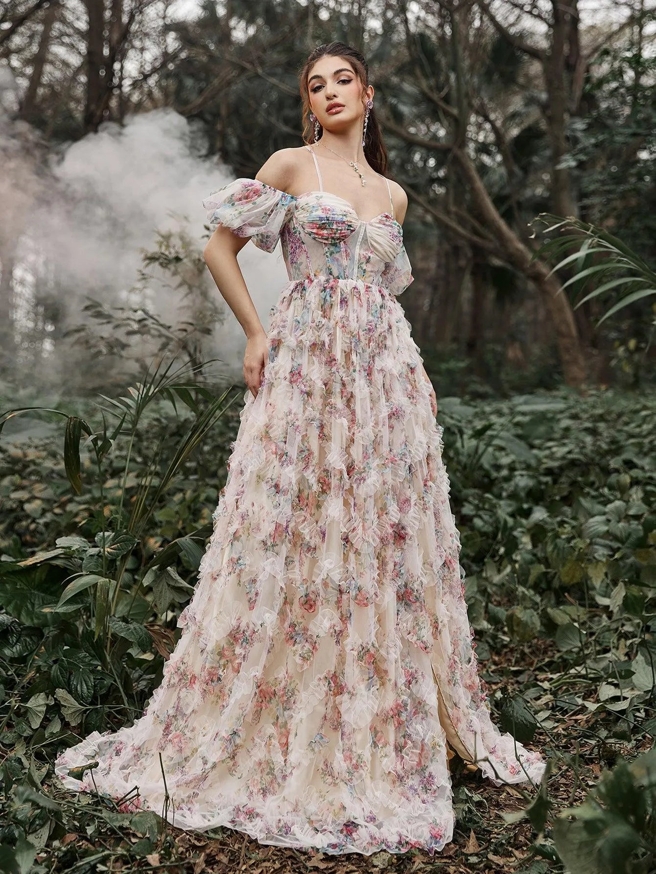 Floral Tulle Off Shoulder Puff Sleeves Slip Prom Dress - Elonnashop