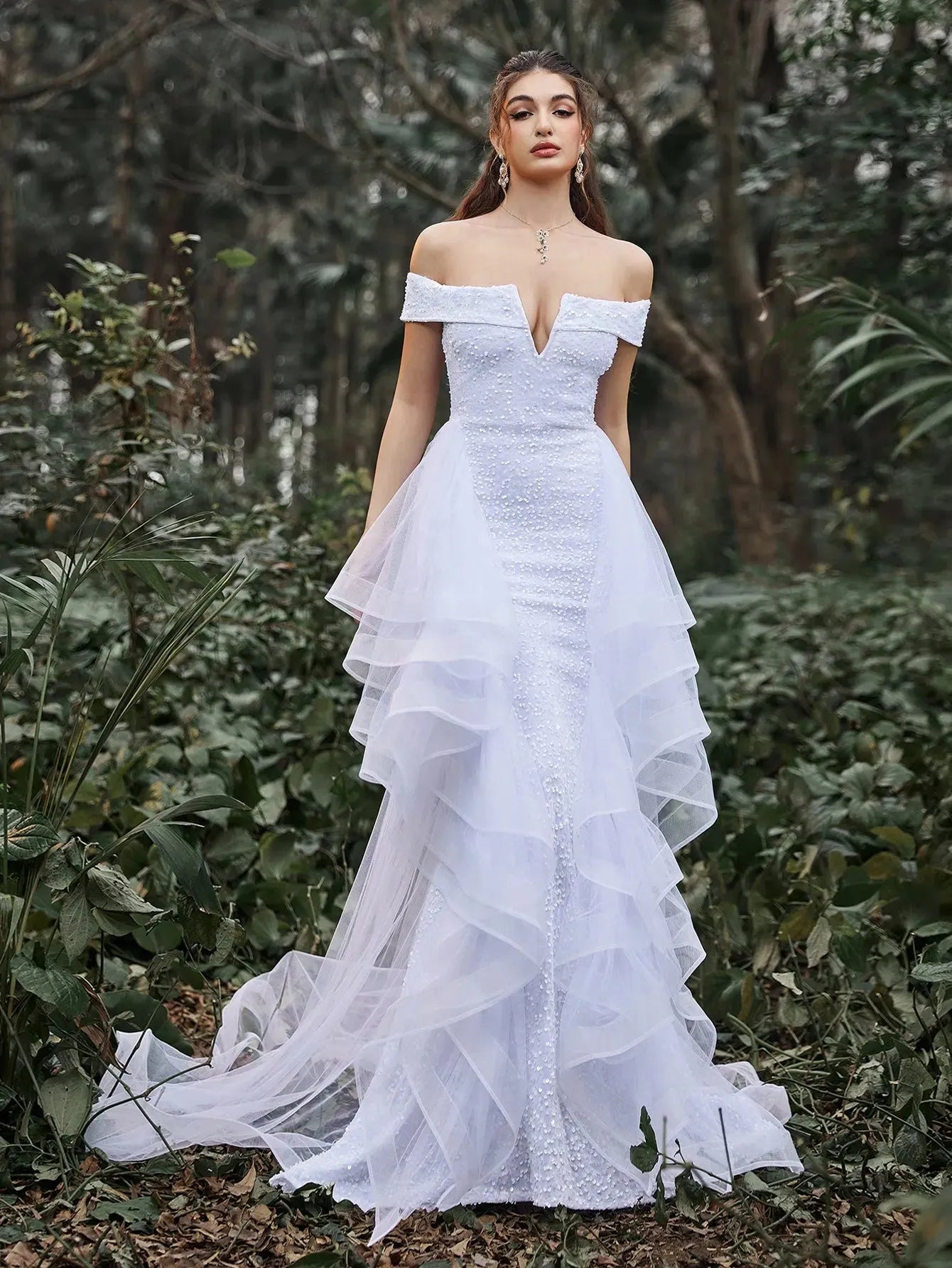 Gorgeous Off Shoulder Asymmetrical Tulle Overlay Sequin Wedding Dress