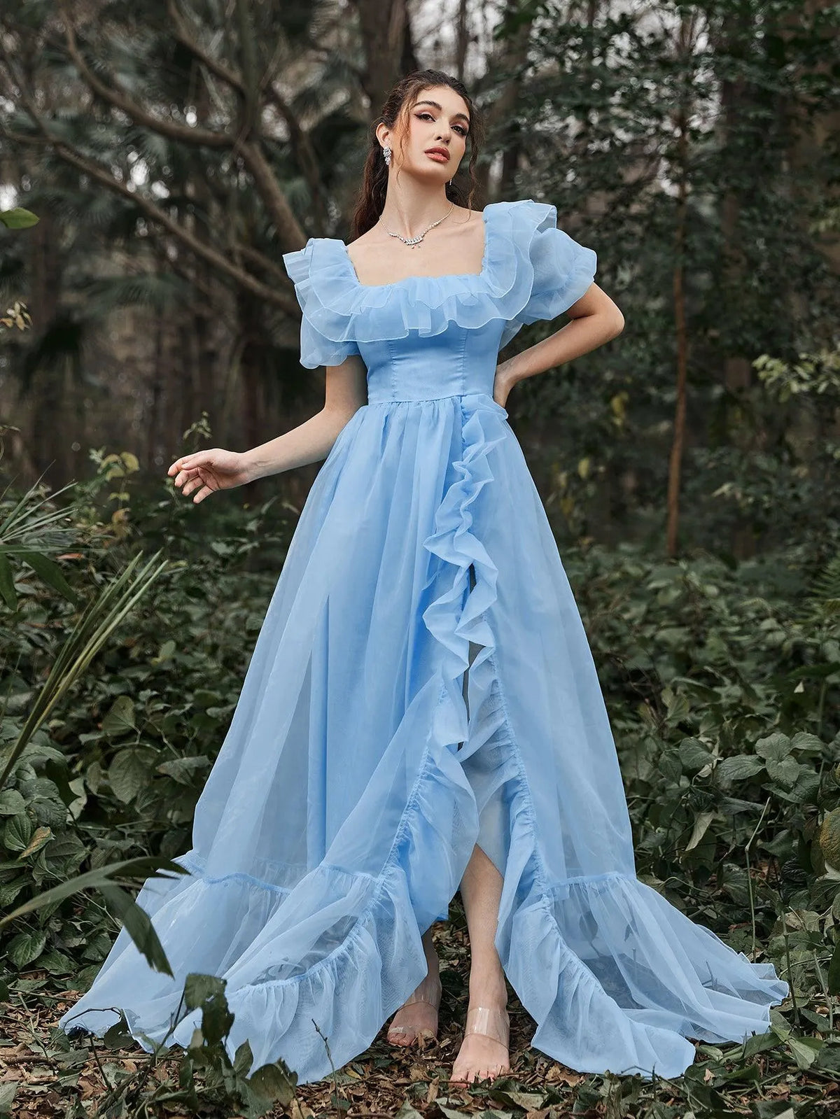 Elegant Ruffle Trim Puff Sleeves Organza Dress - Elonnashop