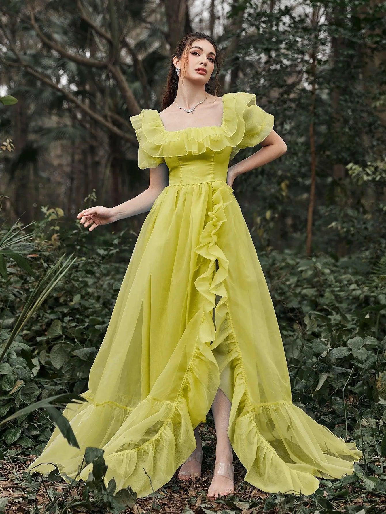 Elegant Ruffle Trim Puff Sleeves Organza Dress Elonnashop Elegant Ruffle Trim Puff Sleeves Organza Dress Elonnashop