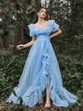 Elegant Ruffle Trim Puff Sleeves Organza Dress - Elonnashop