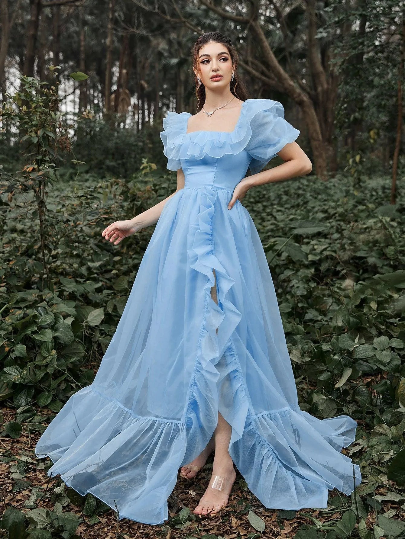 Elegant Ruffle Trim Puff Sleeves Organza Dress Royal Blue / XS Elegant Ruffle Trim Puff Sleeves Organza Dress Royal Blue / XS