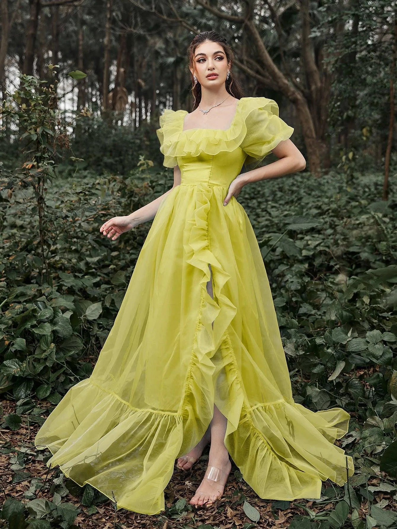 Elegant Ruffle Trim Puff Sleeves Organza Dress – Elonnashop Elegant Ruffle Trim Puff Sleeves Organza Dress – Elonnashop