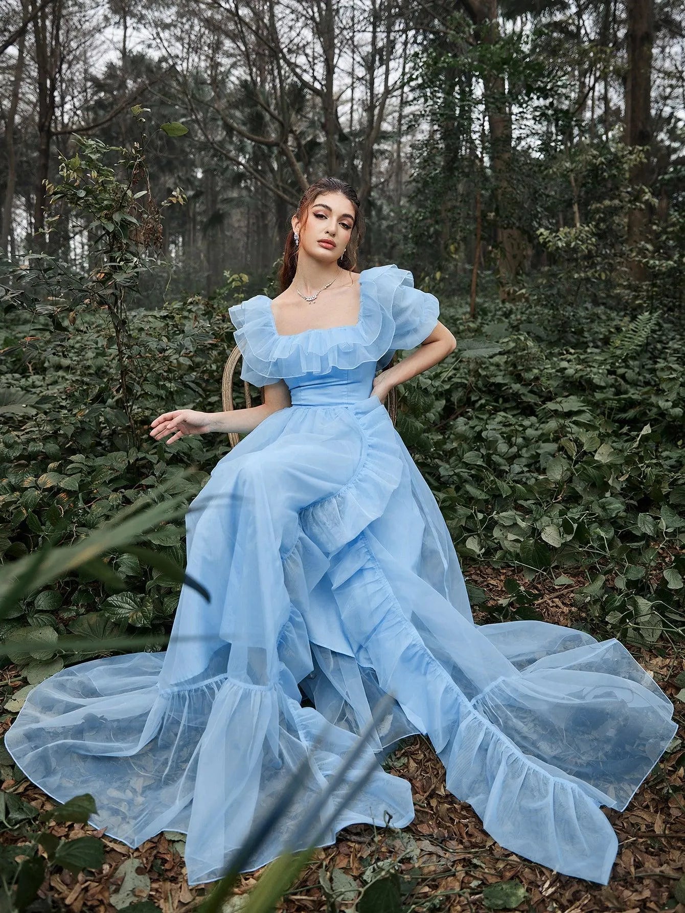 Elegant Ruffle Trim Puff Sleeves Organza Dress Royal Blue / Xs Elegant Ruffle Trim Puff Sleeves Organza Dress Royal Blue / Xs