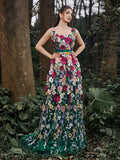 Gorgeous Square Collar Floral Embroidered Evening Dress - Elonnashop