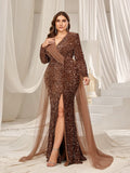 Plus Elegant Mesh Insert Split Mermaid Hem Sequin Evening Dress