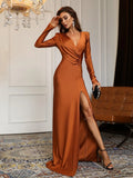 Elegant V Neck Long Sleeve Split Thigh Formal Dress - Elonnashop