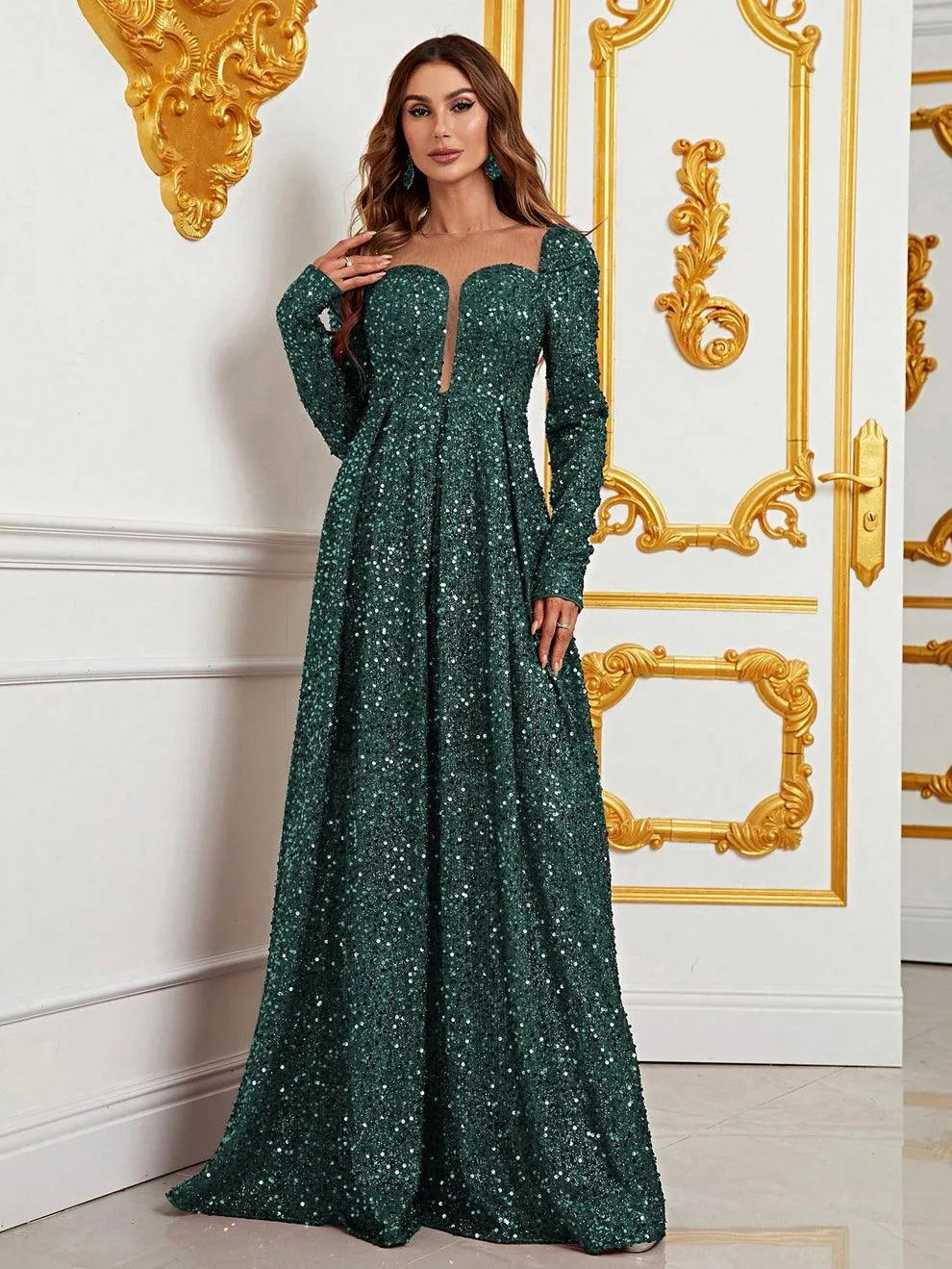 Sweetheart Neck Long Sleeves Sequin Formal Dress - Elonnashop