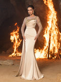 Elegant High Slit Mermaid Hem Satin Evening Dress with Sequinl Accents