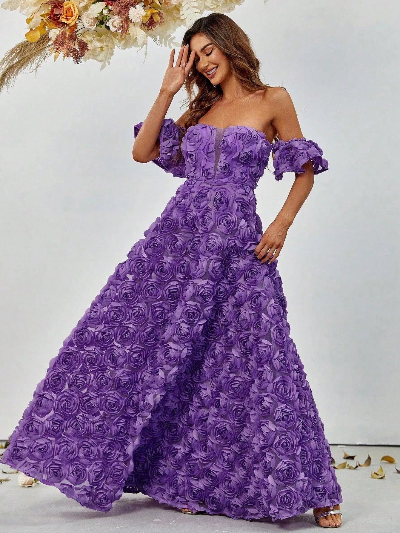 Floral Applique Off Shoulder Floor Length Formal Dresses - Elonnashop