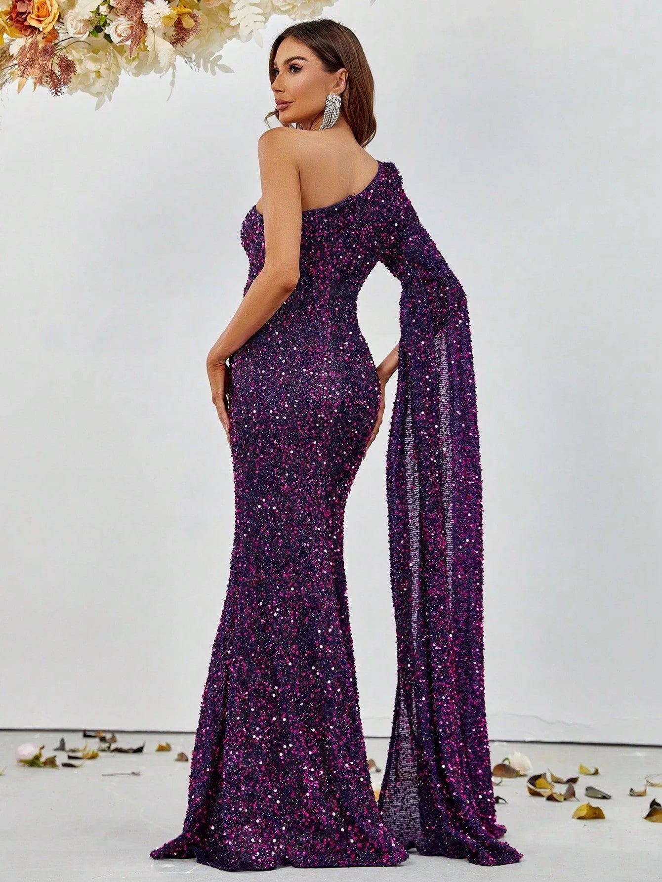 Elegant One Shoulder Long Sleeve Slit Sequin Dress - Elonnashop