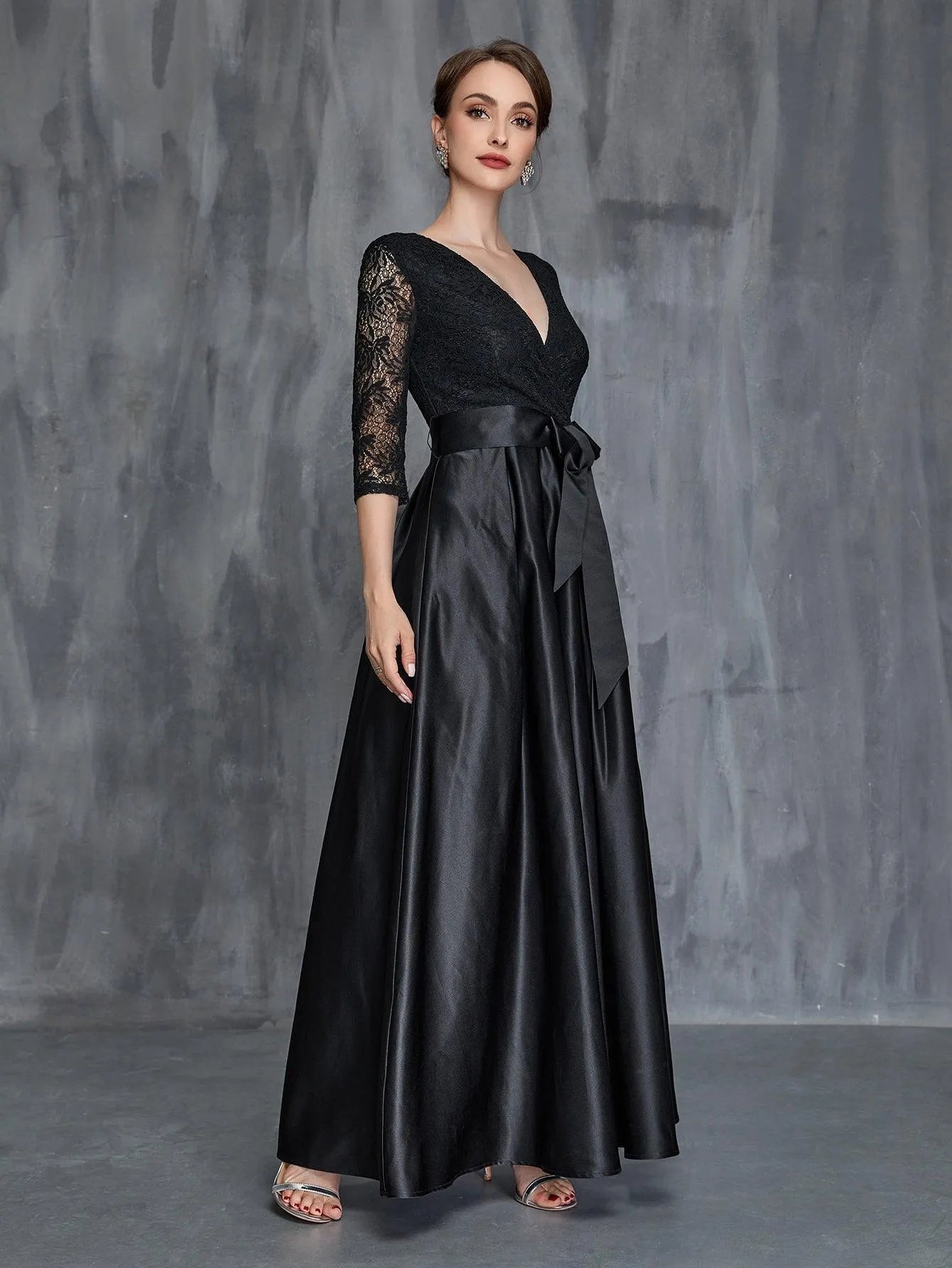 Womens' Surplice Neck Lace Contrast Satin Belted Dress - Elonnashop