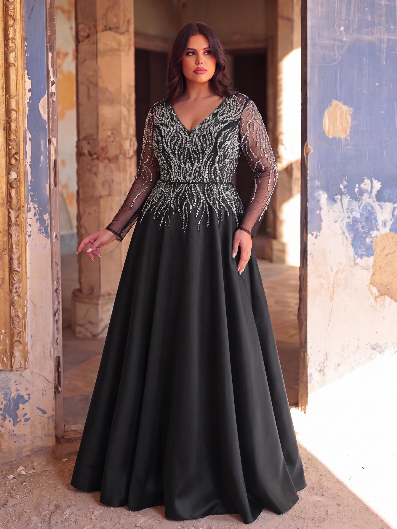 Plus Size Deep V-Neck Sequin Illusion Evening Gown
