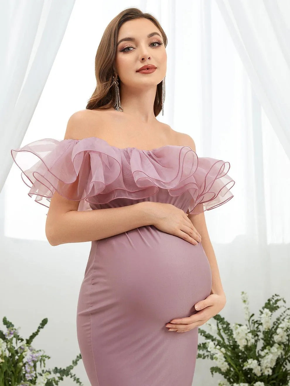 Maternity Ruffle Trim Off Shoulder Mermaid Hem Party Dress - Elonnashop