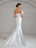 Bow Decor Slit Mermaid Hem Satin Tube Wedding Dress - Elonnashop